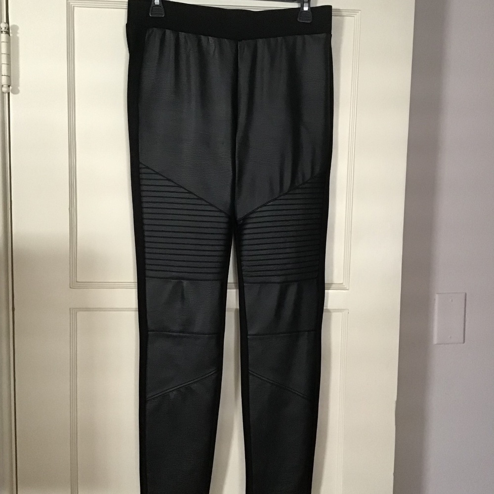 Aqua black pull on pants with faux leather frontw